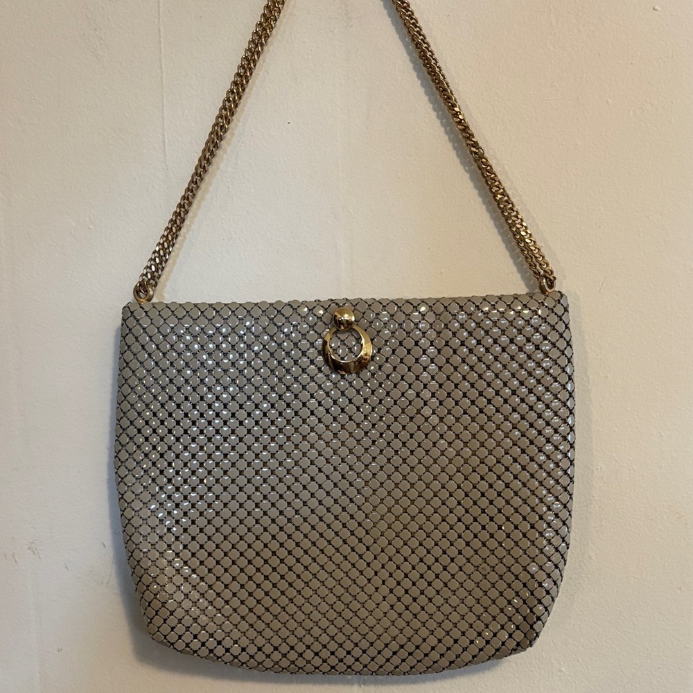 Whiting & Davis Silver Mesh Shoulder Bag with Gold Chain